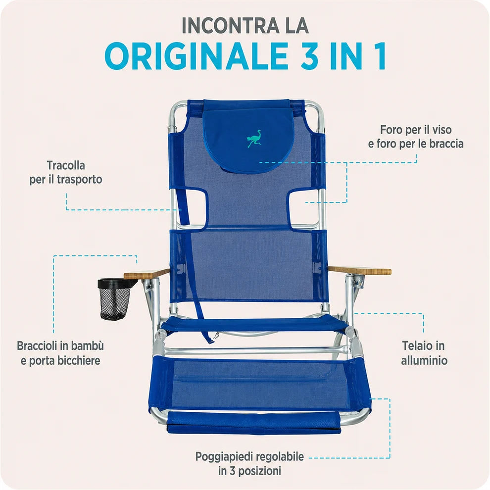 Sedia da spiaggia reclinabile portatile 3 in 1 con borsa termica